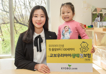 교보생명 홍보 모델이 태아부터 최대 100세까지 보장 받을 수 있는 '교보우리아이생애첫보험' 출시를 알리고 있다. 교보생명 제공